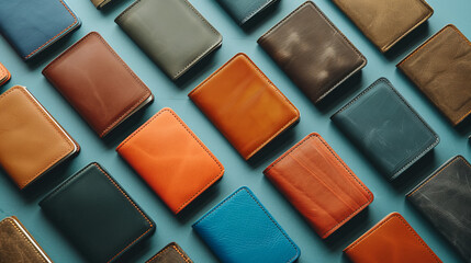 A neatly arranged collection of various colored leather wallets on a vibrant blue surface, showcasing different designs and styles
