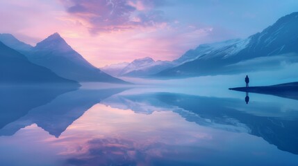 Purple and pink sunset over calm mountain lake with a lone person reflecting