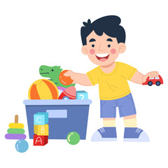 Vector illustration of boy cleaning up toys