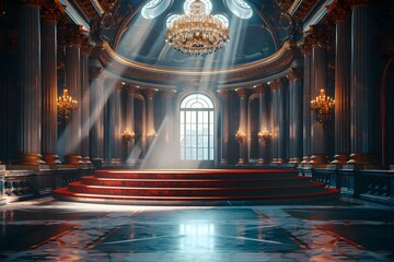 Elegant Velvet Podium Showcasing Premium Jewelry in a Royal Palace Ballroom