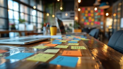 Wooden table covered with colorful post-it notes in a modern workspace
 - obrazy, fototapety, plakaty