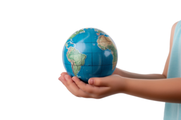 Person Holding Small Globe in Hands. On a White or Clear Surface PNG Transparent Background..