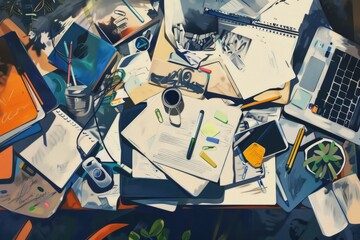 An artistic rendering of a cluttered work desk with scattered papers, pens, and gadgets, showcasing the chaotic yet creative nature of the workspace, Generative AI