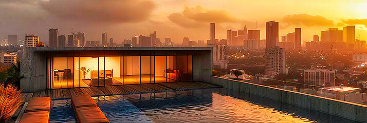 Naklejka premium Bangkoks Twilight: A Poolside View of the Citys Magnificent Skyline, Offering a Glimpse into Urban Luxury