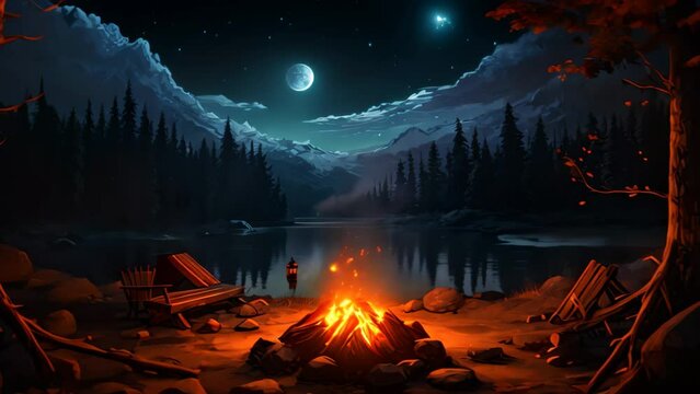 Bonfire on the shore of the lake at night with stars, AI Generated