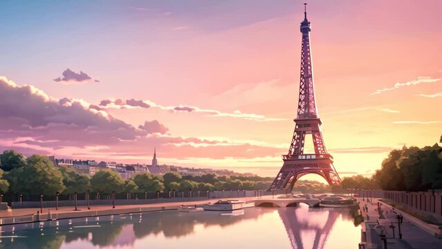 Eiffel Tower at sunset in Paris, France. Beautiful landscape, AI Generated