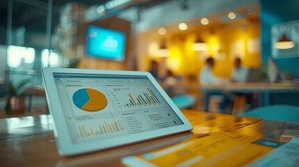 Tablet displaying graphs and pie charts on a table in a modern office cafeteria