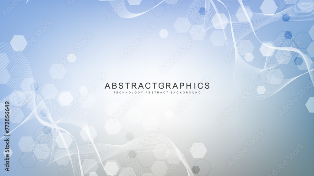 Poster modern scientific background with hexagons, lines and dots. wave flow abstract background. molecular