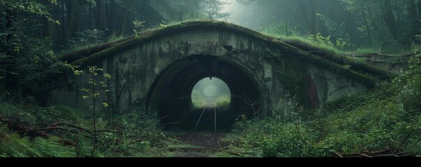 Abandoned railway tunnel in a lush green forest - obrazy, fototapety, plakaty
