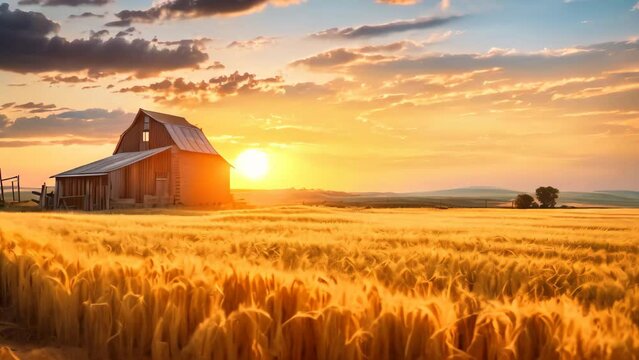 Dramatic Sunset over an old barn in a wheat field, AI Generated