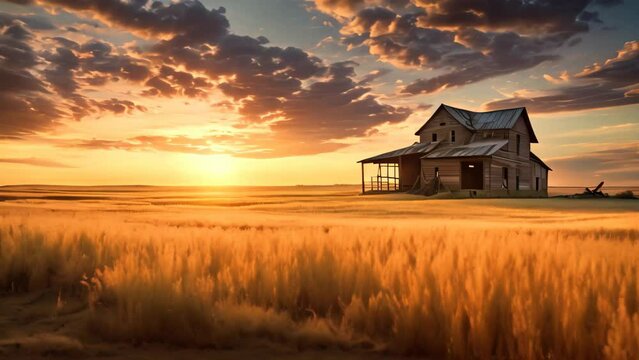 Sunset over a barn in a wheat field with a dramatic sky, AI Generated