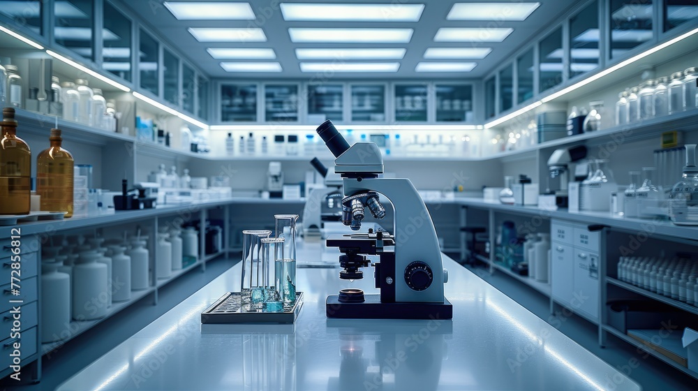 Aufkleber A pristine lab desk illuminated by bright overhead lights, a microscope and labware arranged neatly. Generative AI.