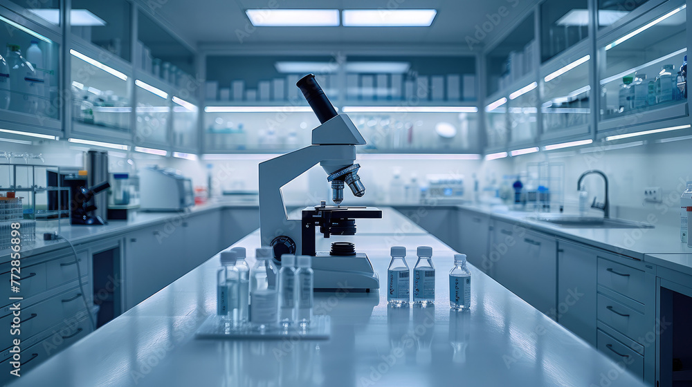 Poster A pristine lab desk illuminated by bright overhead lights, a microscope and labware arranged neatly. Generative AI.
