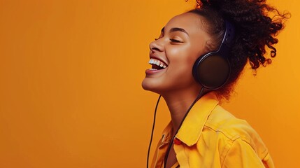 Teenage girl listen music on headphones, studio shot, orange background - obrazy, fototapety, plakaty