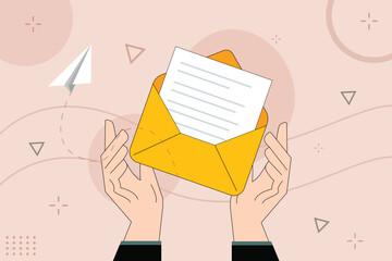 Business concept Vector illustration preparation messaging or postal notification,
e-mail marketing, newsletter, email, message. Hand holding envelope design
