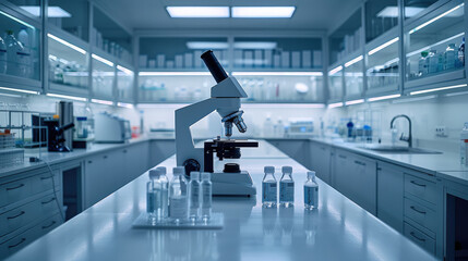 A pristine lab desk illuminated by bright overhead lights, a microscope and labware arranged...