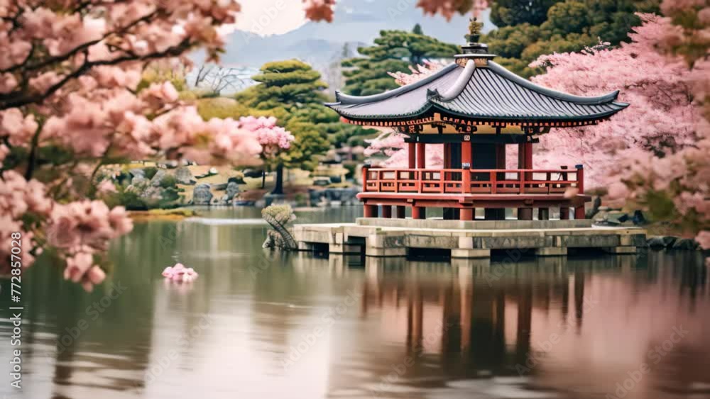 Poster beautiful cherry blossom and japanese pagoda in garden, ai generated