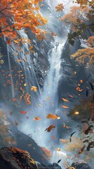 Autumn waterfall with falling leaves