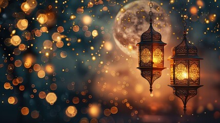 Ornamental Arabic concept, moonlight and glittering golden bokeh lights. Festive greeting card. Generative AI. - obrazy, fototapety, plakaty