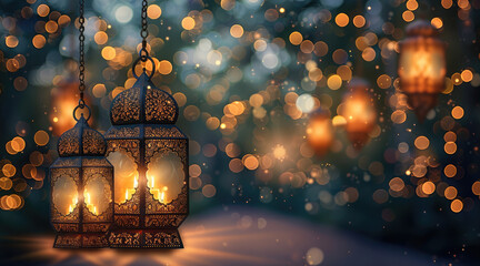 Ornamental Arabic concept, moonlight and glittering golden bokeh lights. Festive greeting card. Generative AI. - obrazy, fototapety, plakaty