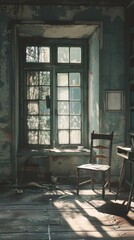 Fototapeta na wymiar Abandoned room with a vintage window and peeling walls