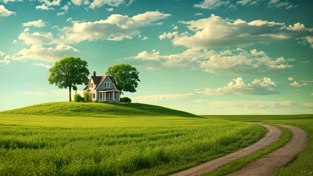Countryside landscape with house and green meadow. 3d render, AI Generated