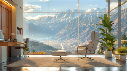 Office room with warm spring colors and cream colored furniture looking out a large window of...