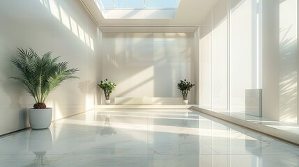 A long white wall, modern lobby, a front view, sunshine. Generative AI.