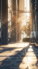 Sunlight streaming through a modern glass building corridor