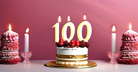 100 years old and century anniversary or birthday with cake and candles and copy space.