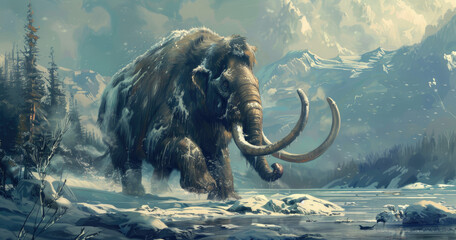 Mammoth, walking through the ice age landscape, with huge tusks and long fur - obrazy, fototapety, plakaty