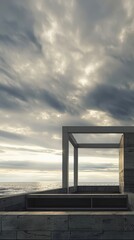 Modern architecture against cloudy sky by the sea