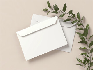 A minimalist setup featuring a white envelope, foliage, and shadow play on a neutral backdrop