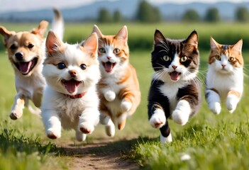 group of puppies or Kittens playing in the park with happy faces, funny animals enjoying in the park, jumping, running towards the ball