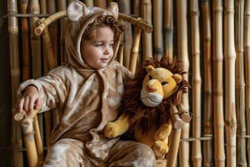 kid in animal onesie sitting with lion toy on bamboo chair