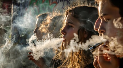 Substance abuse, addiction and bad habits concept. Young people smoking cigarettes and using drugs outdoors