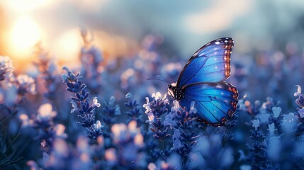 Blue butterfly on lavender flowers at sunset
