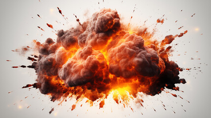 Realistic fiery bomb explosion with sparks and smoke isolated on white background - obrazy, fototapety, plakaty