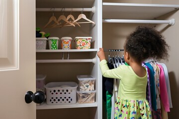 child organizing a closet with new hangers and bins - obrazy, fototapety, plakaty