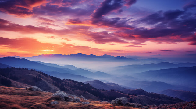 Amazing mountain landscape with colorful vivid sunset. Sunset in summer mountains