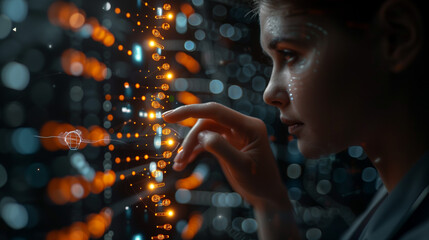 Within a digital interface reminiscent of a futuristic clinic, a doctor's engagement with a DNA icon highlights the integration of AI technologies in revolutionizing medical diagnostics and treatments