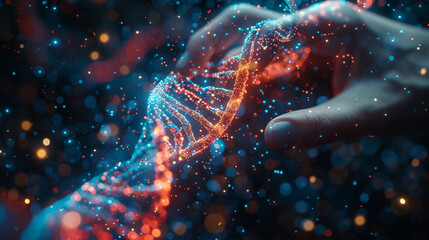 Within a digital domain, a doctor's gesture towards a DNA emblem illustrates the transformative potential of AI in healthcare, revolutionizing medical diagnosis and patient care - obrazy, fototapety, plakaty