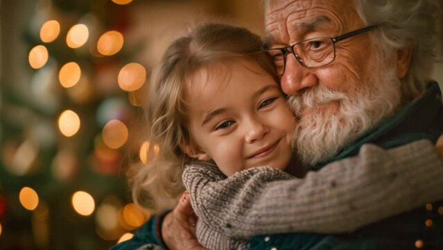 A grateful little girl embraces her grandfather as she receives a Christmas present at home. The focus is on man.