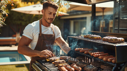 A man with apron on cooking burgers and hot dogs on a grill during a beautiful summer day. Generative AI. - Powered by Adobe
