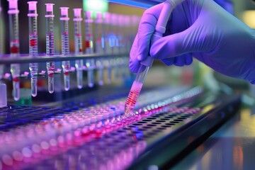 Scientist hand holding test tube with blood sample for analysis in laboratory