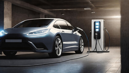 Generic electric EV hybrid vehicle is charging on a station inside a dark garage, renewable energy concept. Website header, app background image
