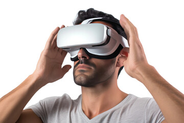 Man Immersed in Virtual Reality Experience. On a White or Clear Surface PNG Transparent Background..