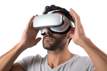 Man Immersed in Virtual Reality Experience. On a White or Clear Surface PNG Transparent Background..