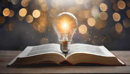 Glowing lightbulb over a book, Inspiring from read concept, Education knowledge and business education ideas, Innovations, self-learning, knowledge and searching for new ideas. Thinking for new idea