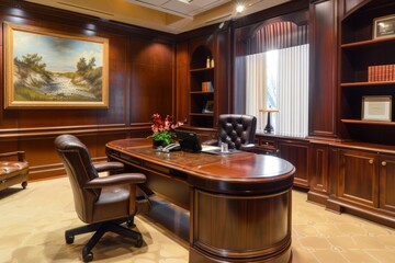An executive office desk in a corporate setting, with leather-bound chairs, mahogany desks, and tasteful artwork, exuding professionalism and prestige, Generative AI